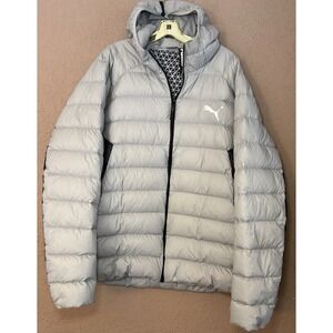 PUMA Gray W Black Down Hooded Puffer Coat Jacket 849355-14 Zip Front Outdoor XXL